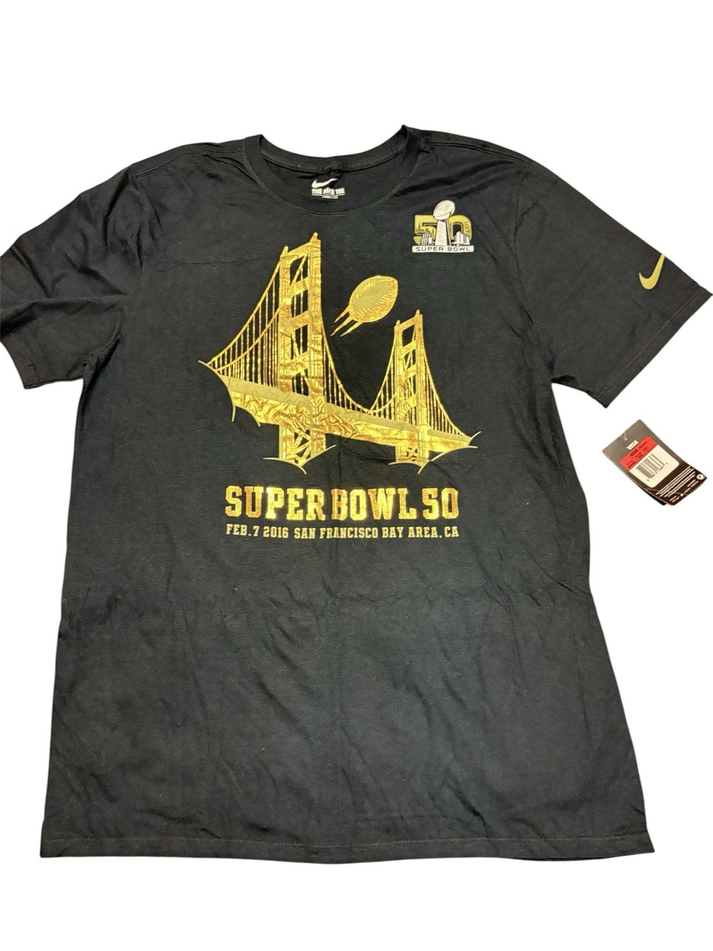 Nike Super Bowl 50 NFL Bay Area Men’s Graphic Tee Shirt NWT Black Gold L